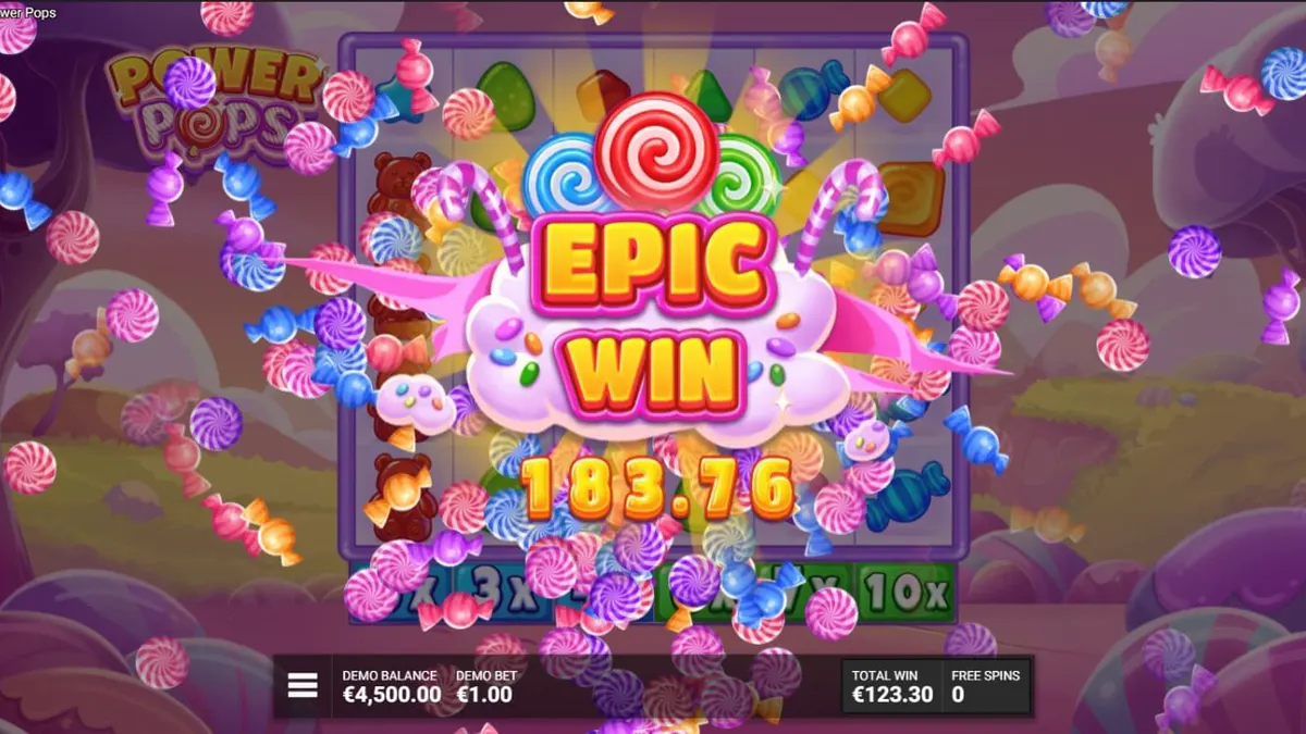 Tampilan visual slot Power Pops dengan latar belakang permen dan gulungan penuh warna.