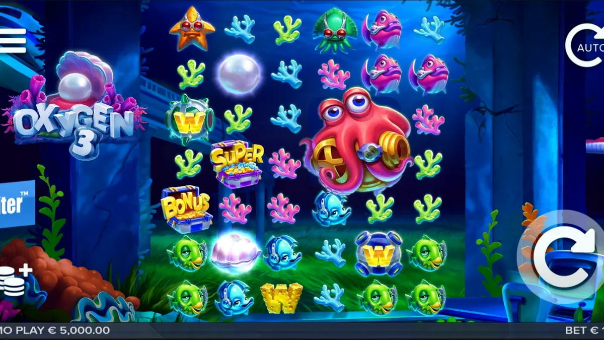 Tampilan visual slot Oxygen 3 dengan tema reruntuhan bawah laut futuristik dan karakter kartun laut yang ceria.